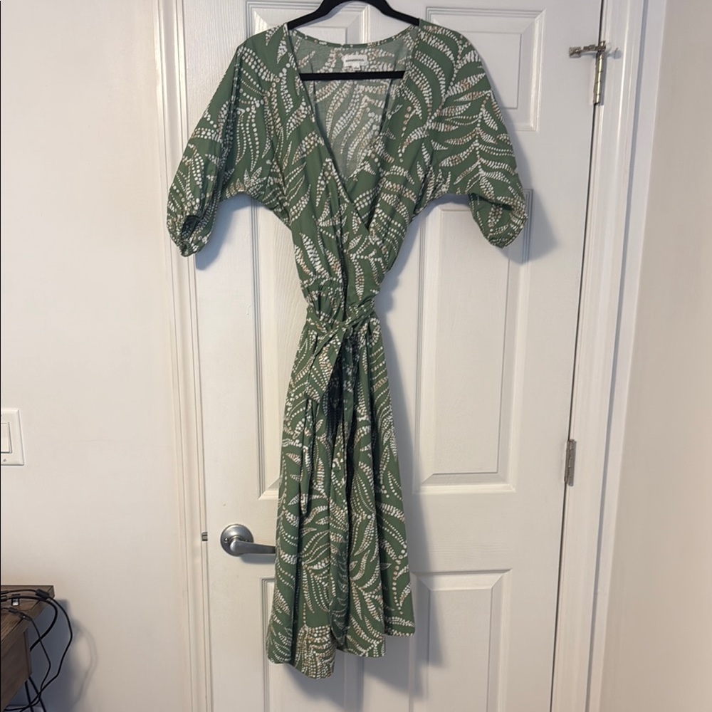 Summersalt Green and White Wrap Midi Dress with Dolman Sleeves